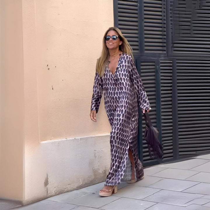 Women's Boho V Neck Long Sleeve All Over Abstract Oval Spot Print Relaxed Kaftan Tent Silhouette Side Split Floor Length Maxi Dress