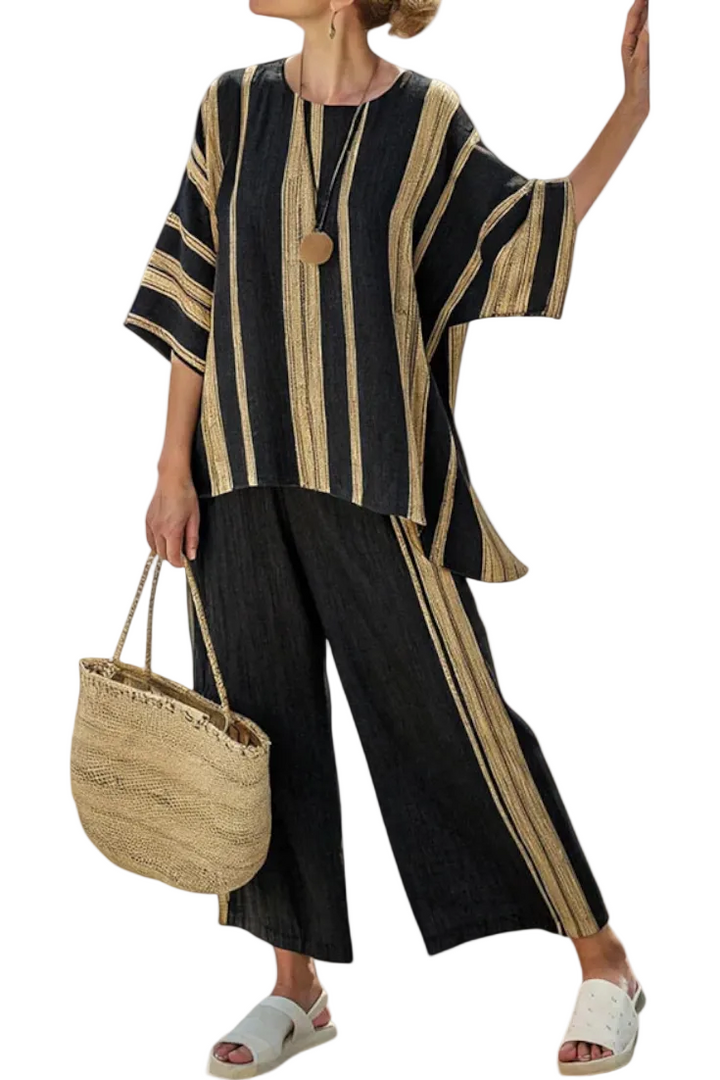 Women's Bold Vertical Stripe Print Round Neck Half Sleeve Oversized Relaxed Top Wide Leg Palazzo Pants Two Piece Matching Coordinating Set