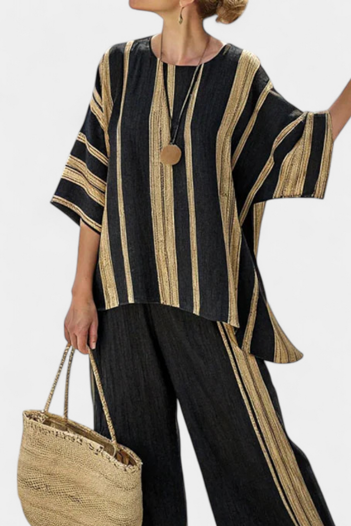 Women's Bold Vertical Stripe Print Round Neck Half Sleeve Oversized Relaxed Top Wide Leg Palazzo Pants Two Piece Matching Coordinating Set