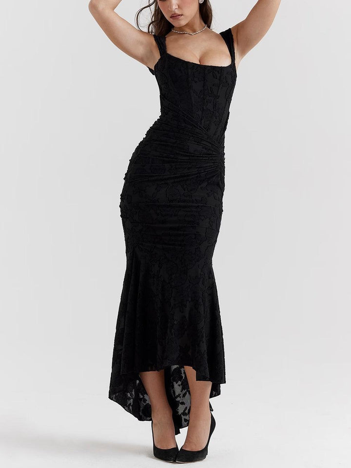 Women's Boned Corset Bodice Wide Ruched Strap Square Scoop Neck Diagonal Ruched Waist Mermaid Tonal Floral Texture High Low Dress