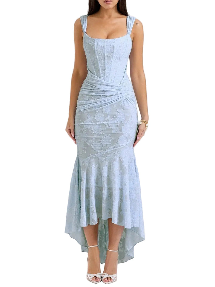 Women's Boned Corset Bodice Wide Ruched Strap Square Scoop Neck Diagonal Ruched Waist Mermaid Tonal Floral Texture High Low Dress