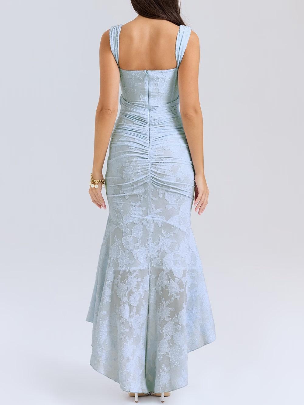 Women's Boned Corset Bodice Wide Ruched Strap Square Scoop Neck Diagonal Ruched Waist Mermaid Tonal Floral Texture High Low Dress