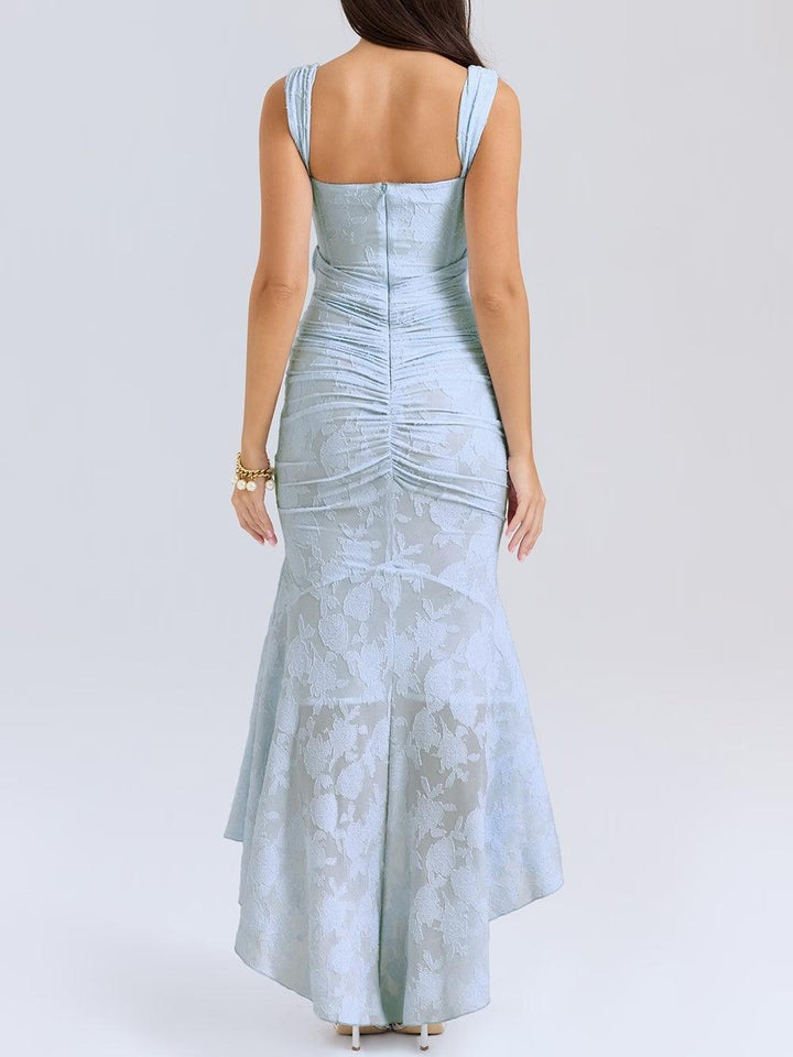 Women's Boned Corset Bodice Wide Ruched Strap Square Scoop Neck Diagonal Ruched Waist Mermaid Tonal Floral Texture High Low Dress