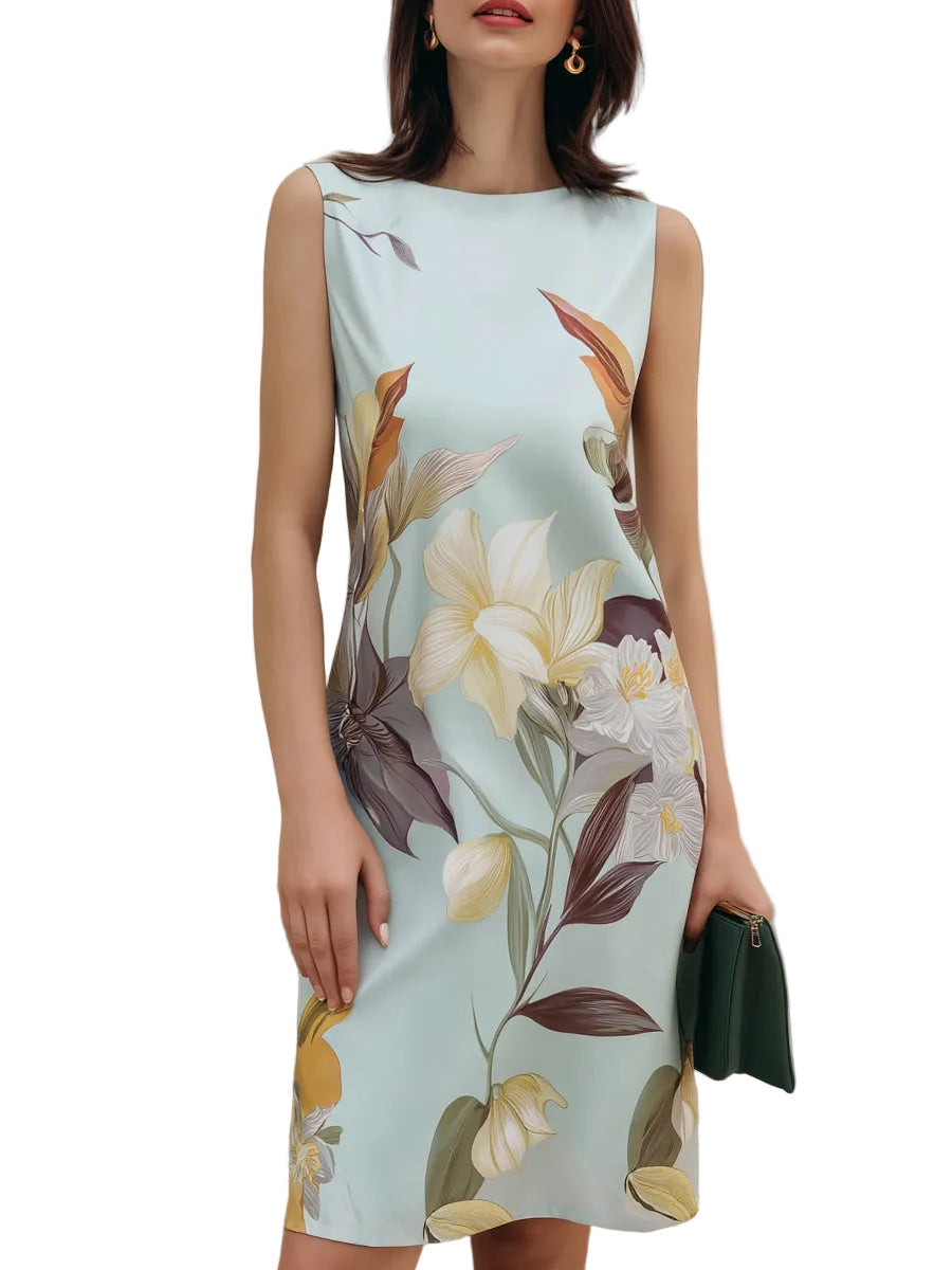 Women's Botanical Placement Print Sleeveless Round Neck Straight Shift Dress with Knee Length Hem