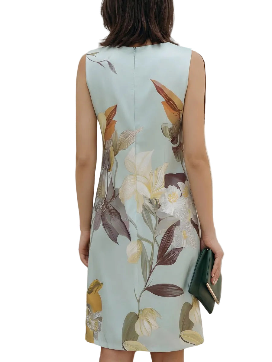 Women's Botanical Placement Print Sleeveless Round Neck Straight Shift Dress with Knee Length Hem