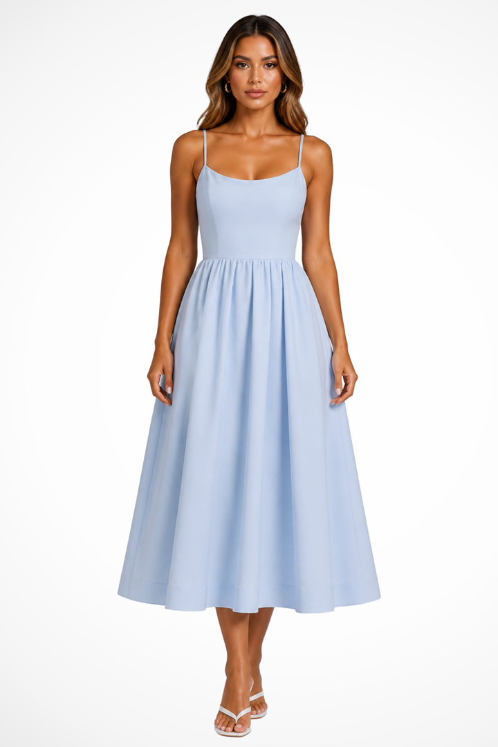 Women's Cami Strap Square Neck Fitted Bodice Full Volume Pleated A-Line Midi Dress with Banded Hem