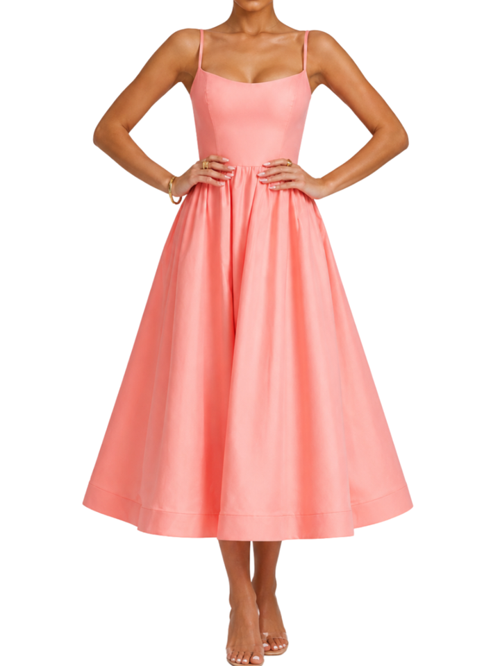 Women's Cami Strap Square Neck Fitted Bodice Full Volume Pleated A-Line Midi Dress with Banded Hem