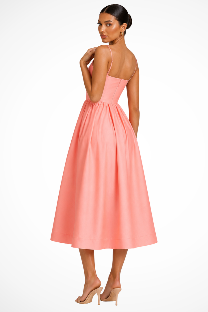 Women's Cami Strap Square Neck Fitted Bodice Full Volume Pleated A-Line Midi Dress with Banded Hem