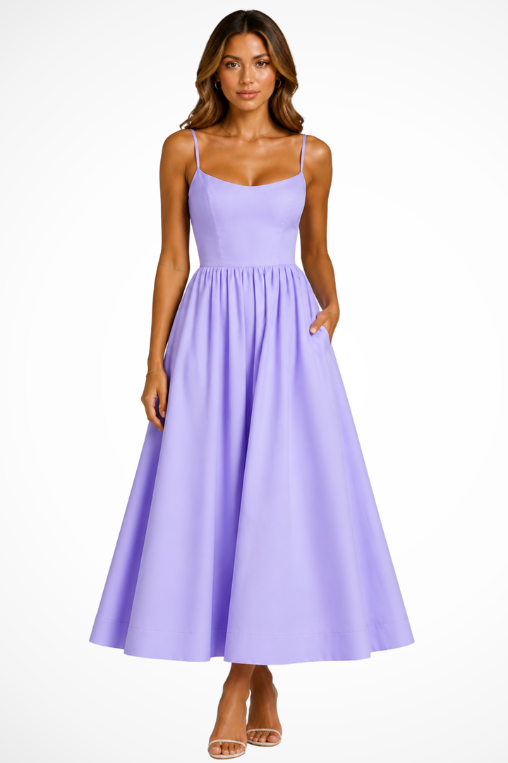 Women's Cami Strap Square Neck Fitted Bodice Full Volume Pleated A-Line Midi Dress with Banded Hem