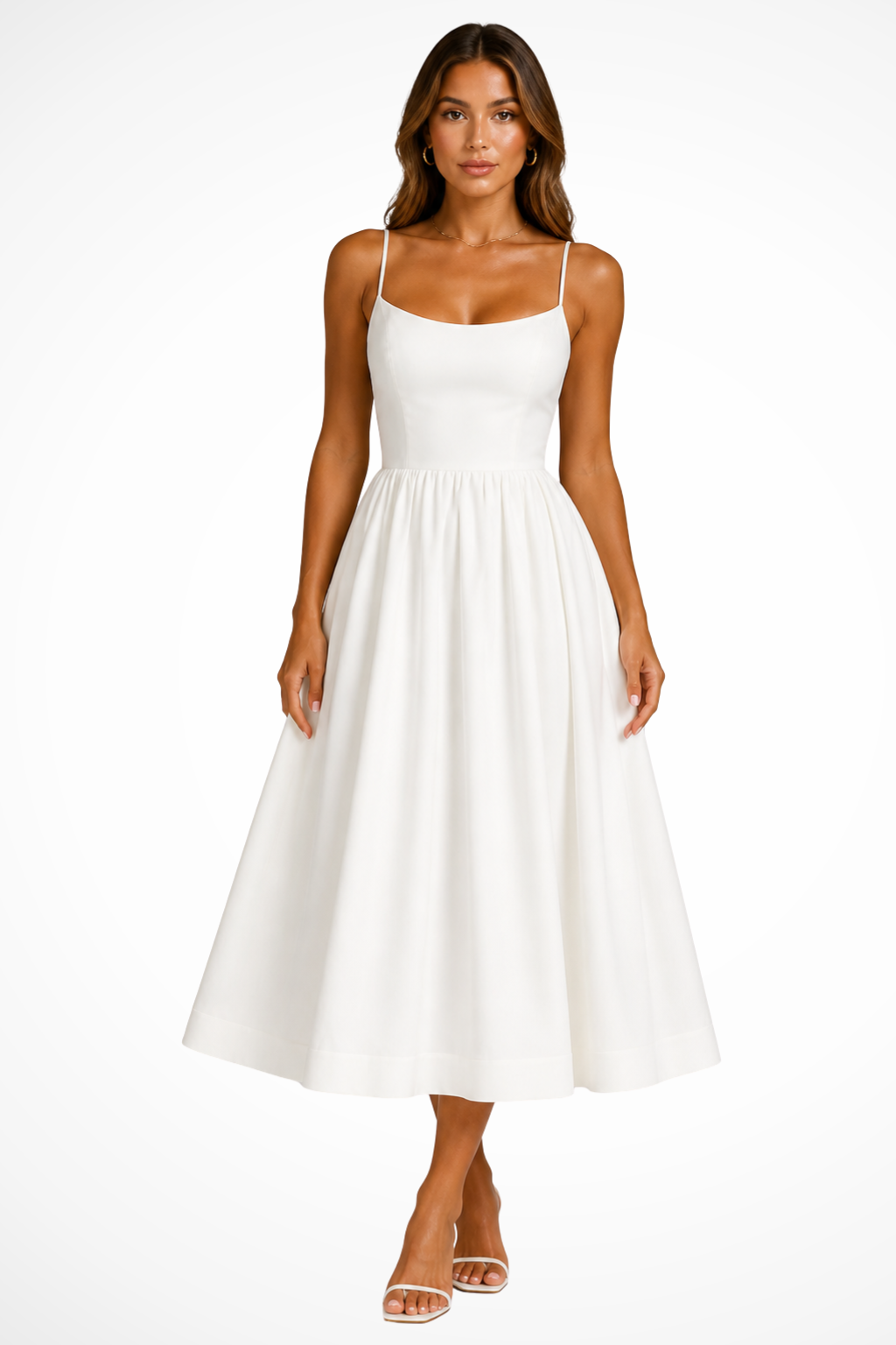 Women's Cami Strap Square Neck Fitted Bodice Full Volume Pleated A-Line Midi Dress with Banded Hem