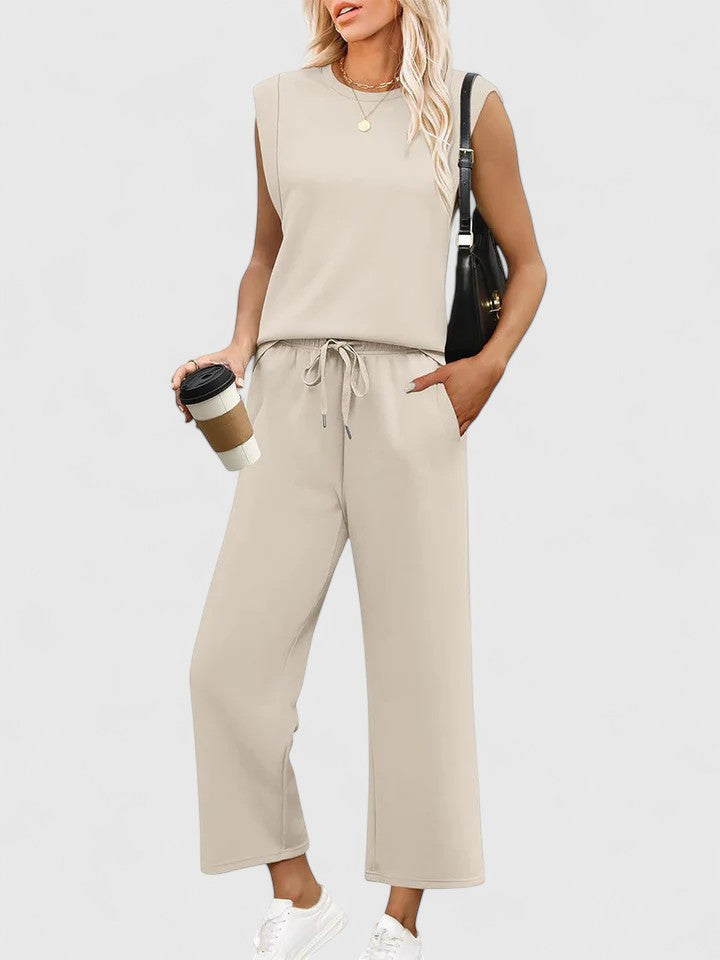 Women's Cap Sleeve Round Neck Structured Shoulder Fitted Top Drawstring Elastic Waist Wide Leg Cropped Pants Two Piece Matching Set