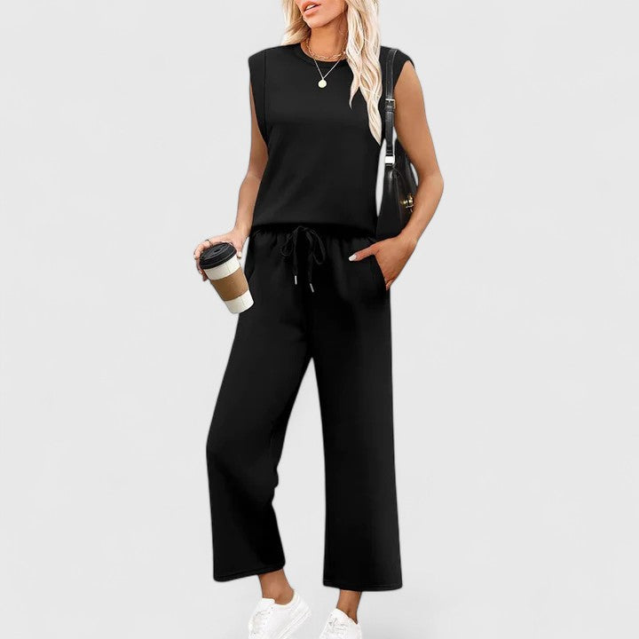 Women's Cap Sleeve Round Neck Structured Shoulder Fitted Top Drawstring Elastic Waist Wide Leg Cropped Pants Two Piece Matching Set