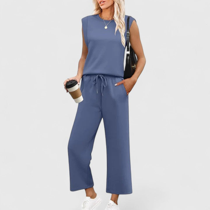 Women's Cap Sleeve Round Neck Structured Shoulder Fitted Top Drawstring Elastic Waist Wide Leg Cropped Pants Two Piece Matching Set