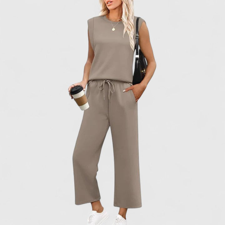 Women's Cap Sleeve Round Neck Structured Shoulder Fitted Top Drawstring Elastic Waist Wide Leg Cropped Pants Two Piece Matching Set