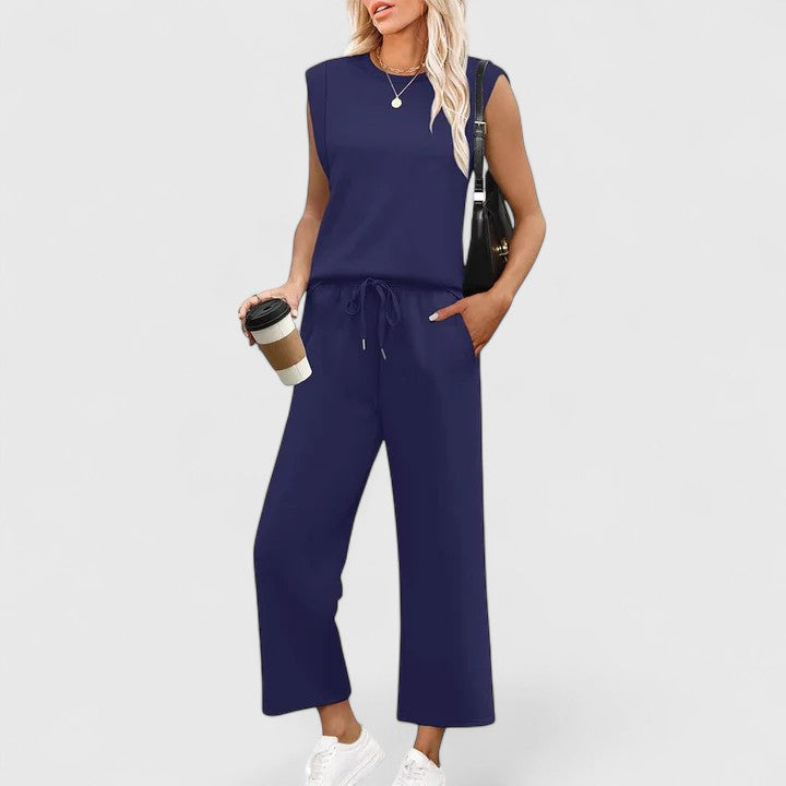 Women's Cap Sleeve Round Neck Structured Shoulder Fitted Top Drawstring Elastic Waist Wide Leg Cropped Pants Two Piece Matching Set