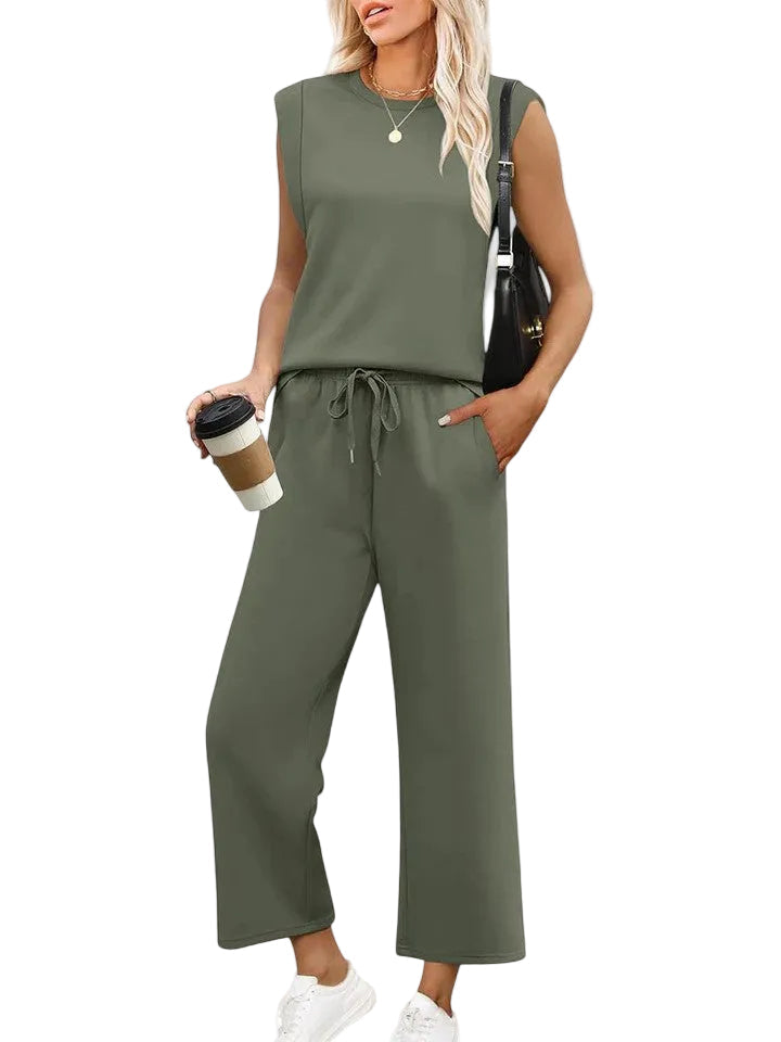Women's Cap Sleeve Round Neck Structured Shoulder Fitted Top Drawstring Elastic Waist Wide Leg Cropped Pants Two Piece Matching Set