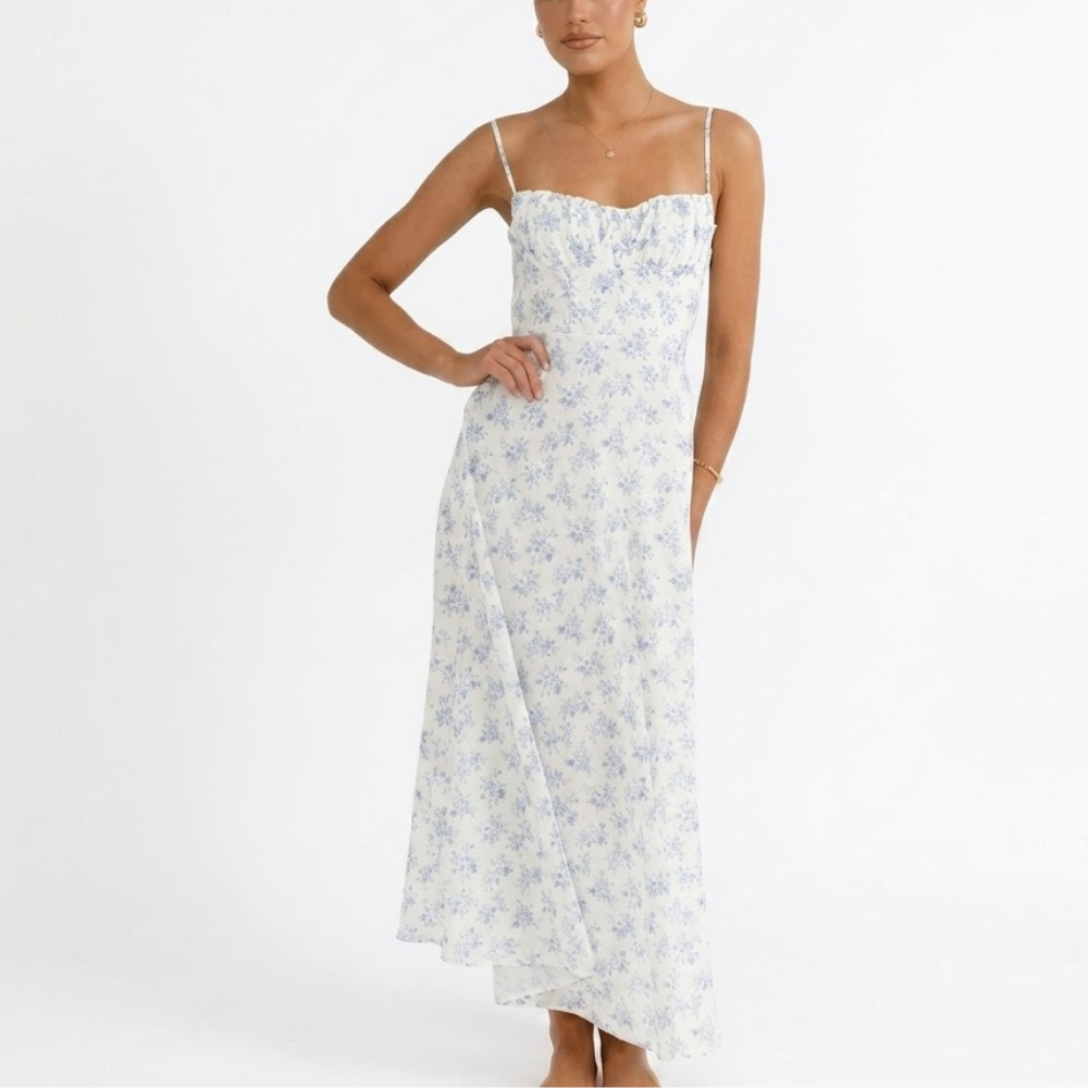 Women's Chiffon Botanical Line Print Spaghetti Strap Draped Cowl Neck Fitted Bodice Fluid A-Line Maxi Dress