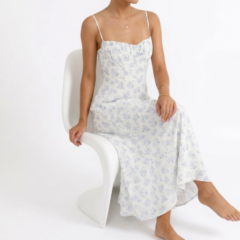 Women's Chiffon Botanical Line Print Spaghetti Strap Draped Cowl Neck Fitted Bodice Fluid A-Line Maxi Dress
