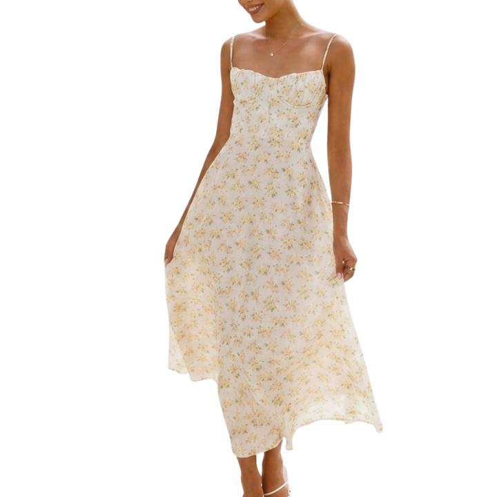 Women's Chiffon Botanical Line Print Spaghetti Strap Draped Cowl Neck Fitted Bodice Fluid A-Line Maxi Dress