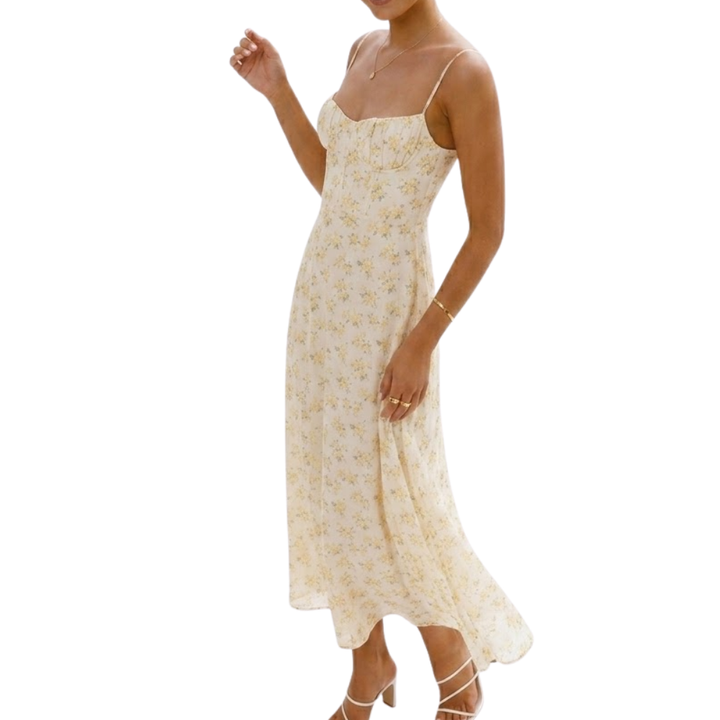 Women's Chiffon Botanical Line Print Spaghetti Strap Draped Cowl Neck Fitted Bodice Fluid A-Line Maxi Dress