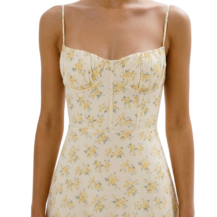 Women's Chiffon Botanical Line Print Spaghetti Strap Draped Cowl Neck Fitted Bodice Fluid A-Line Maxi Dress
