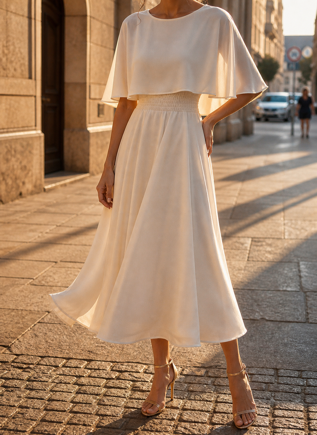 Women's Chiffon Cape Overlay Round Neck Defined Waist Full A-Line Fluid Midi Dress