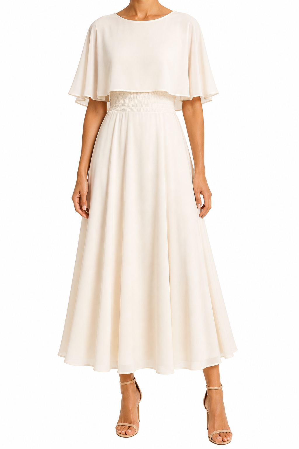 Women's Chiffon Cape Overlay Round Neck Defined Waist Full A-Line Fluid Midi Dress