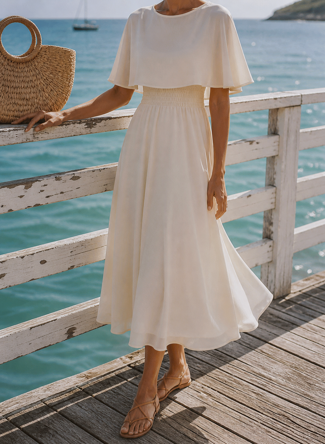 Women's Chiffon Cape Overlay Round Neck Defined Waist Full A-Line Fluid Midi Dress
