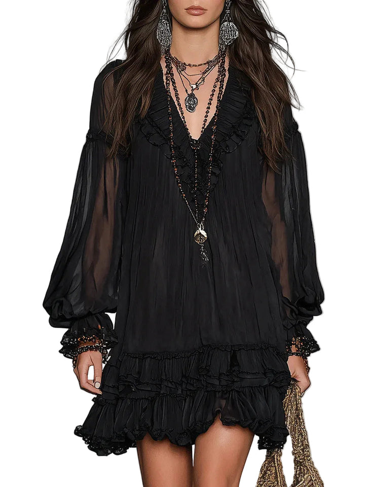 Women's Chiffon Deep V-Neck Ruffle Trim Long Lantern Sleeve Lace Cuff Tiered Hem Mini Dress