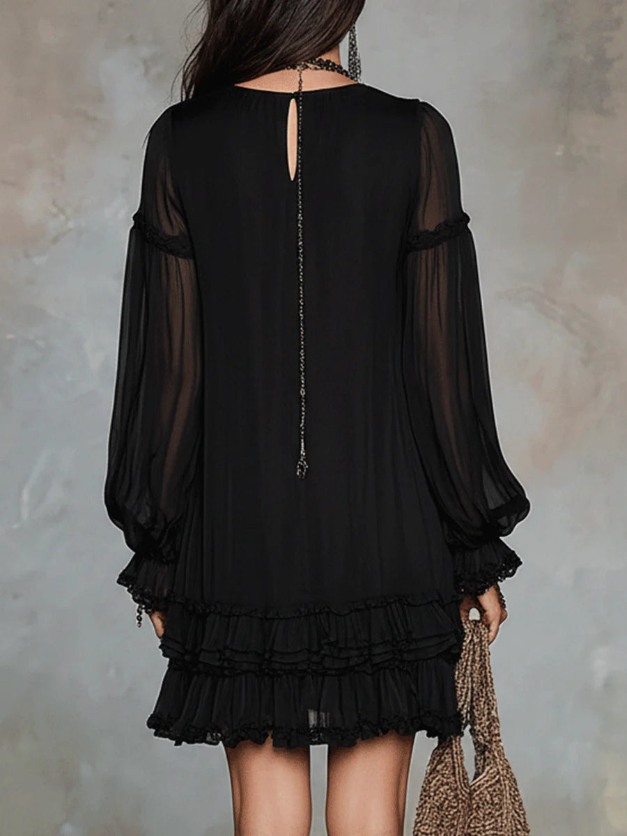 Women's Chiffon Deep V-Neck Ruffle Trim Long Lantern Sleeve Lace Cuff Tiered Hem Mini Dress