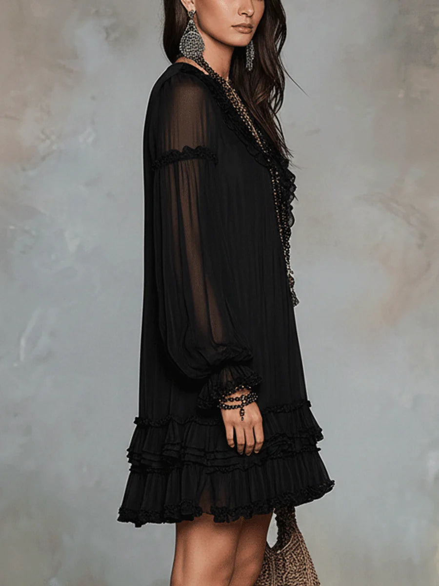 Women's Chiffon Deep V-Neck Ruffle Trim Long Lantern Sleeve Lace Cuff Tiered Hem Mini Dress