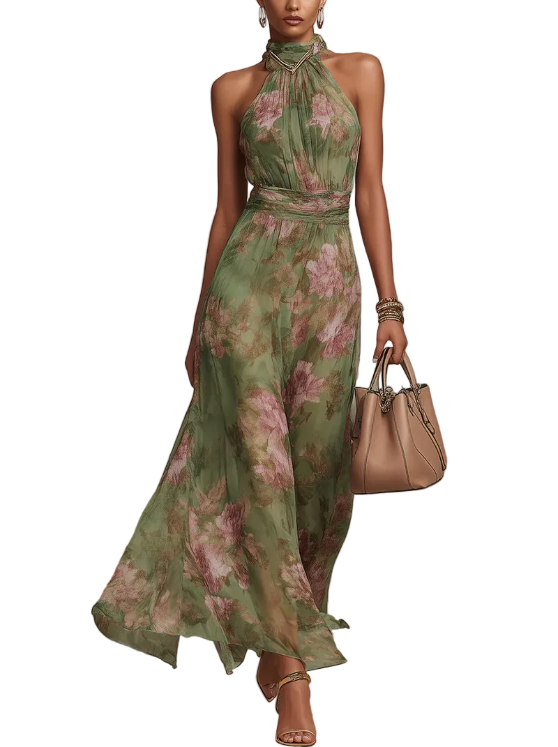 Women's Chiffon Floral Print Gathered Halter Neck Metal Hardware Elasticated Waist Maxi Dress