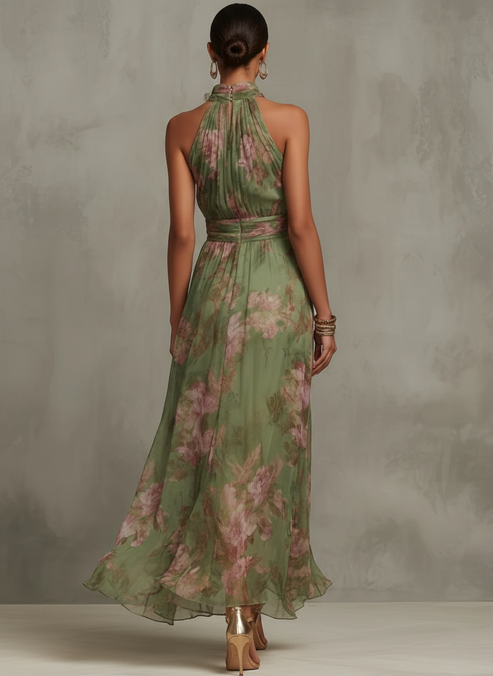 Women's Chiffon Floral Print Gathered Halter Neck Metal Hardware Elasticated Waist Maxi Dress