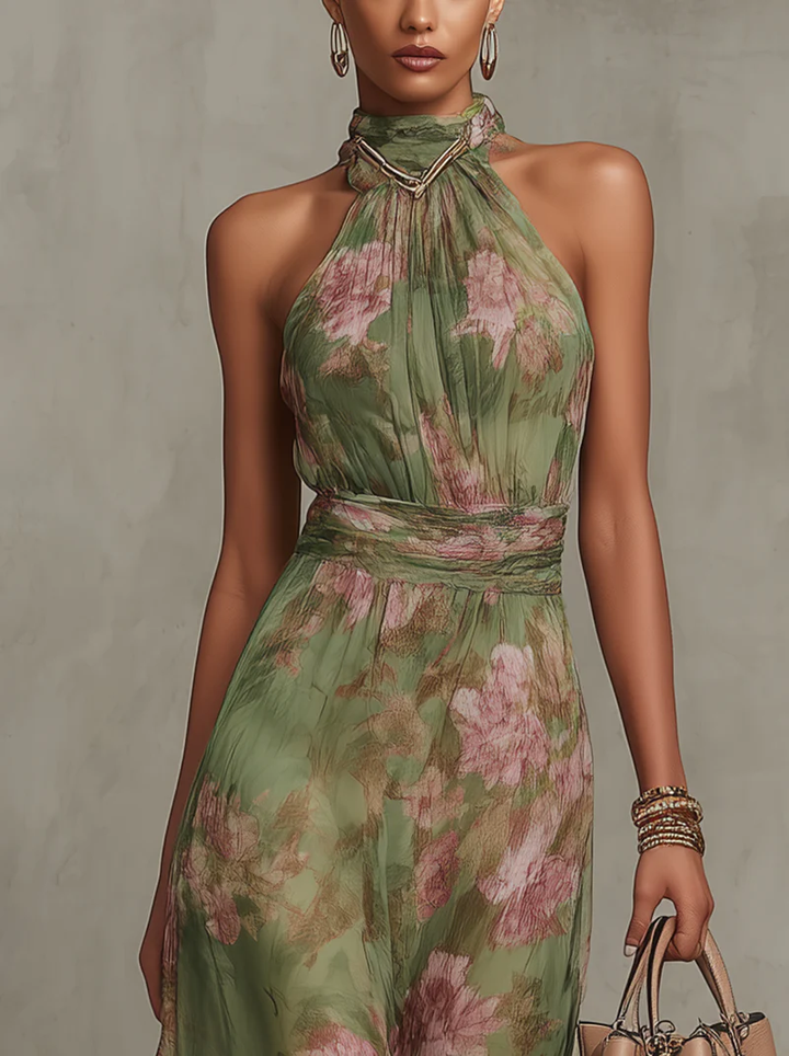 Women's Chiffon Floral Print Gathered Halter Neck Metal Hardware Elasticated Waist Maxi Dress