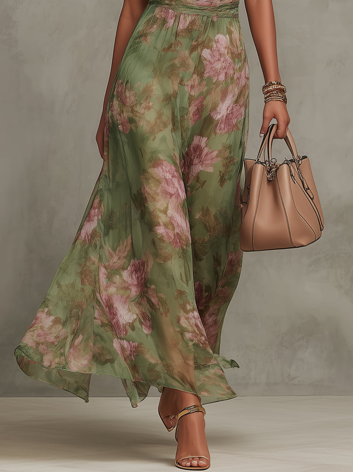 Women's Chiffon Floral Print Gathered Halter Neck Metal Hardware Elasticated Waist Maxi Dress