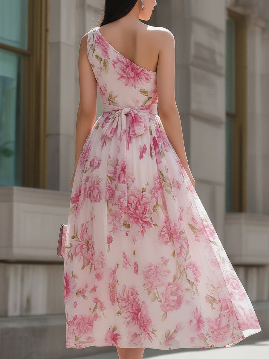 Women's Chiffon Floral Print One Shoulder Fitted Bodice Sash Waist Full Skirt Midi Dress