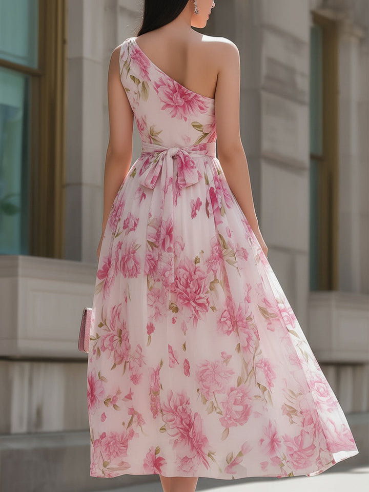 Women's Chiffon Floral Print One Shoulder Fitted Bodice Sash Waist Full Skirt Midi Dress