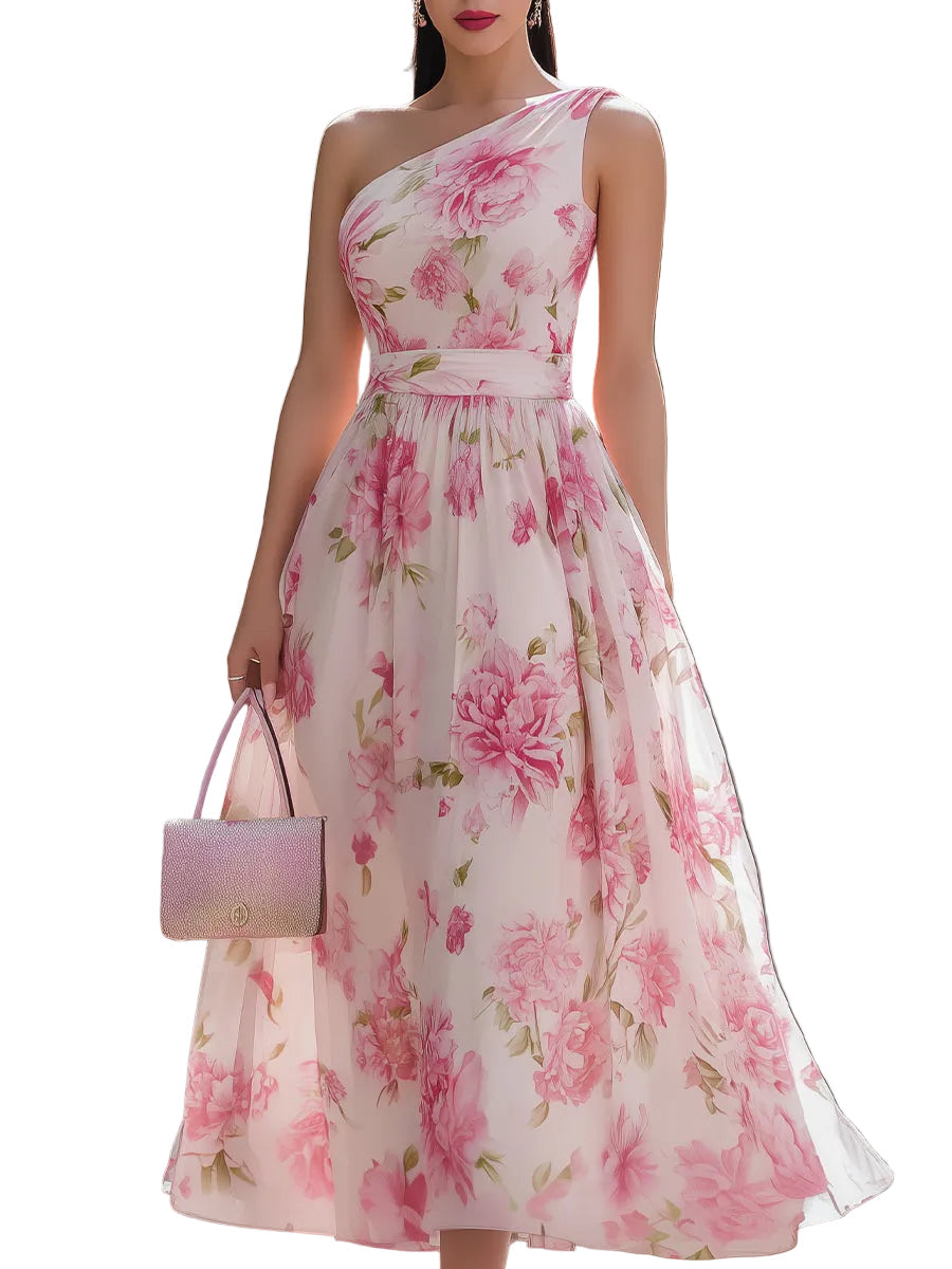 Women's Chiffon Floral Print One Shoulder Fitted Bodice Sash Waist Full Skirt Midi Dress