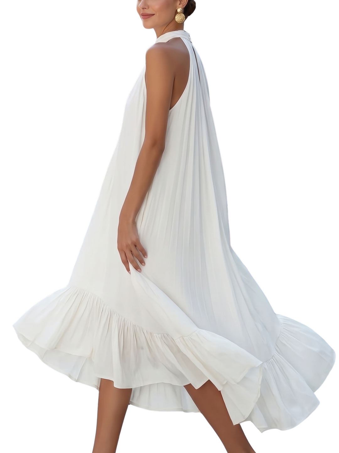 Women's Chiffon Gathered Halter Neck Sleeveless Loose Volume A-Line Asymmetric Ruffle Hem Midi Dress