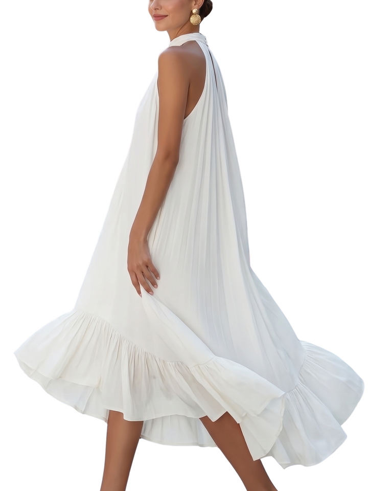 Women's Chiffon Gathered Halter Neck Sleeveless Loose Volume A-Line Asymmetric Ruffle Hem Midi Dress