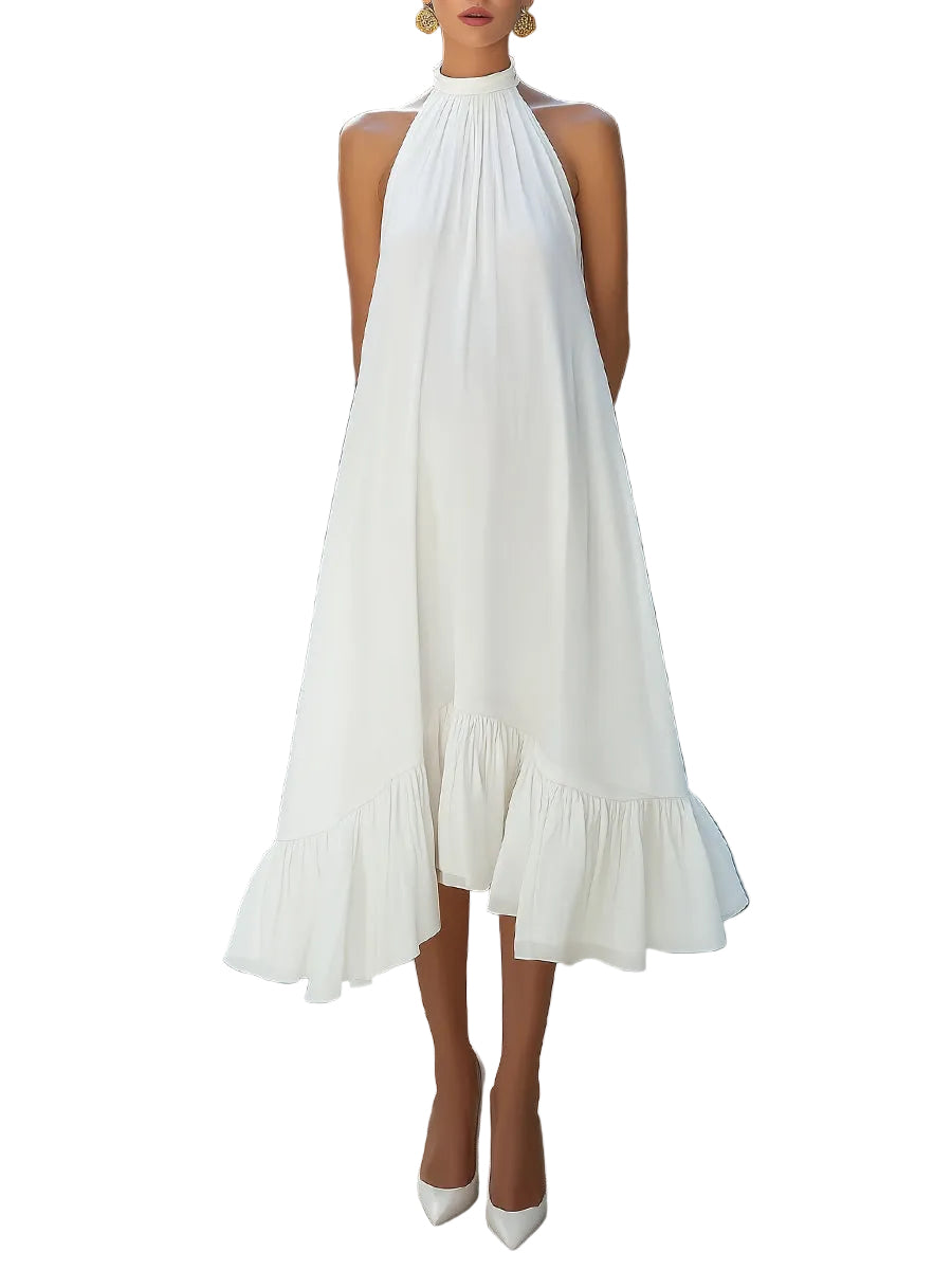 Women's Chiffon Gathered Halter Neck Sleeveless Loose Volume A-Line Asymmetric Ruffle Hem Midi Dress