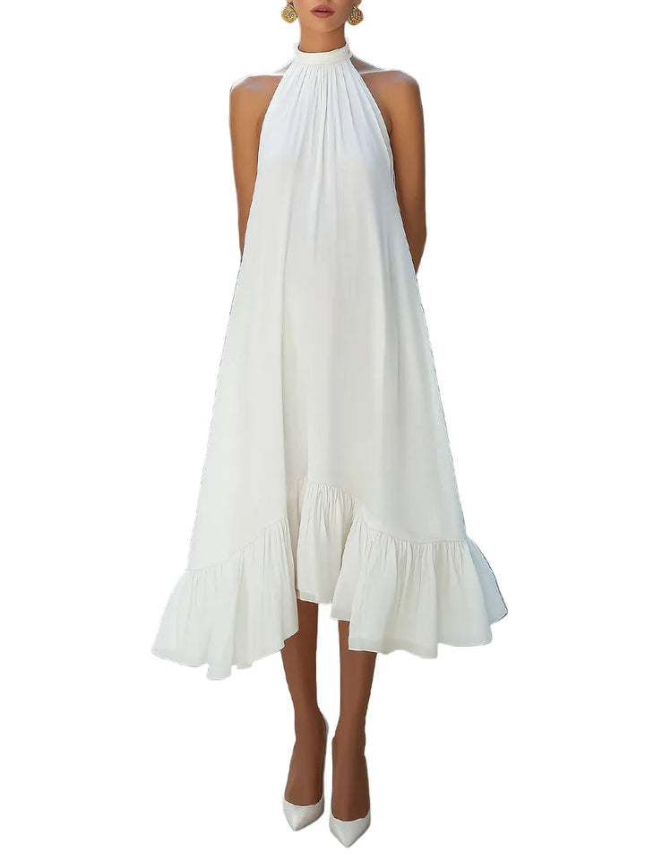 Women's Chiffon Gathered Halter Neck Sleeveless Loose Volume A-Line Asymmetric Ruffle Hem Midi Dress