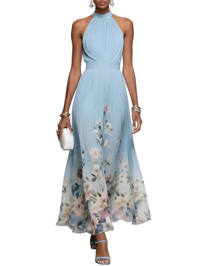 Women's Chiffon Halter Neck Gathered Bodice Back Zip Floral Border Print A-Line Maxi Dress