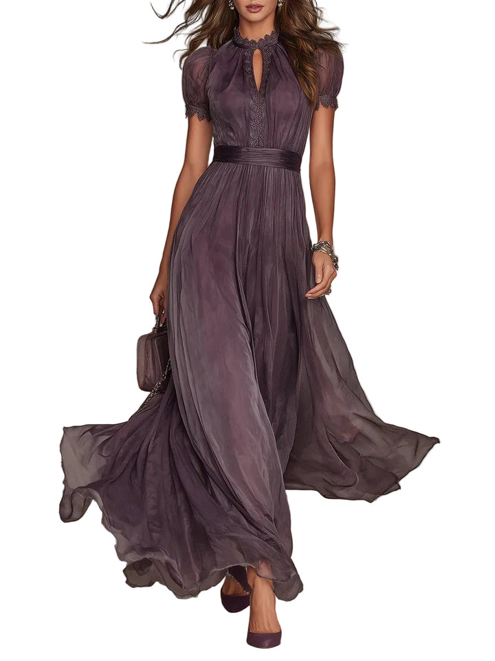 Women's Chiffon Lace Trim High Neck Keyhole Short Puff Sleeve Satin Waistband Gathered Maxi Dress