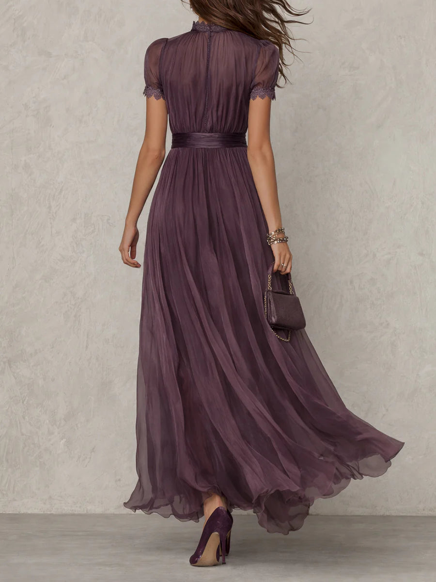 Women's Chiffon Lace Trim High Neck Keyhole Short Puff Sleeve Satin Waistband Gathered Maxi Dress