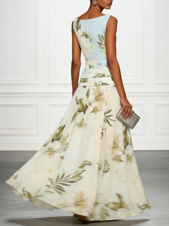 Women's Chiffon Large Scale Botanical Floral Print Boat Neck Sleeveless Structured Waistband A-Line Maxi Dress