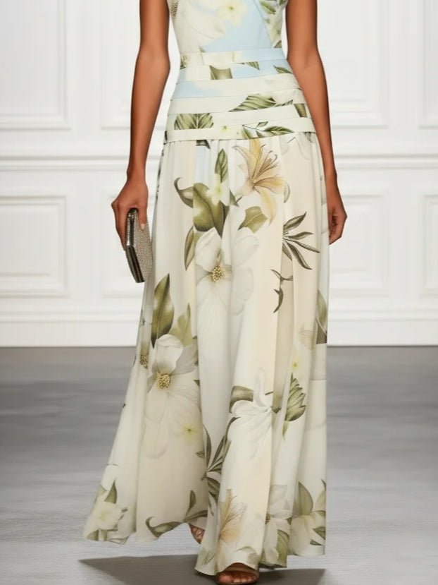 Women's Chiffon Large Scale Botanical Floral Print Boat Neck Sleeveless Structured Waistband A-Line Maxi Dress