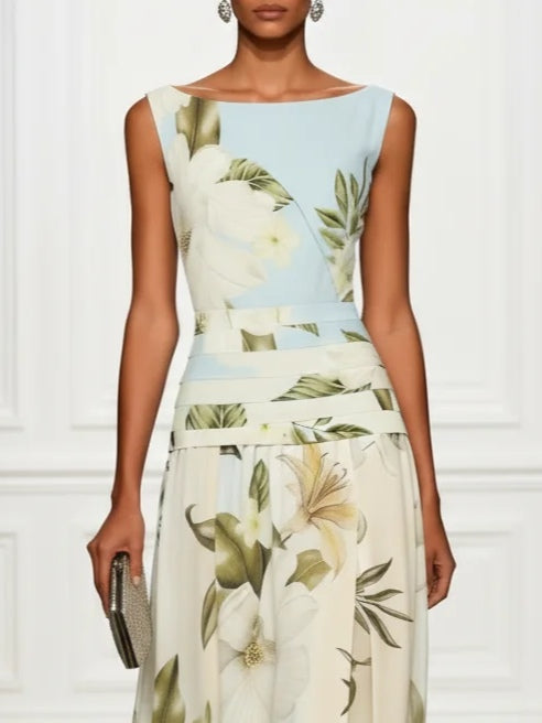 Women's Chiffon Large Scale Botanical Floral Print Boat Neck Sleeveless Structured Waistband A-Line Maxi Dress
