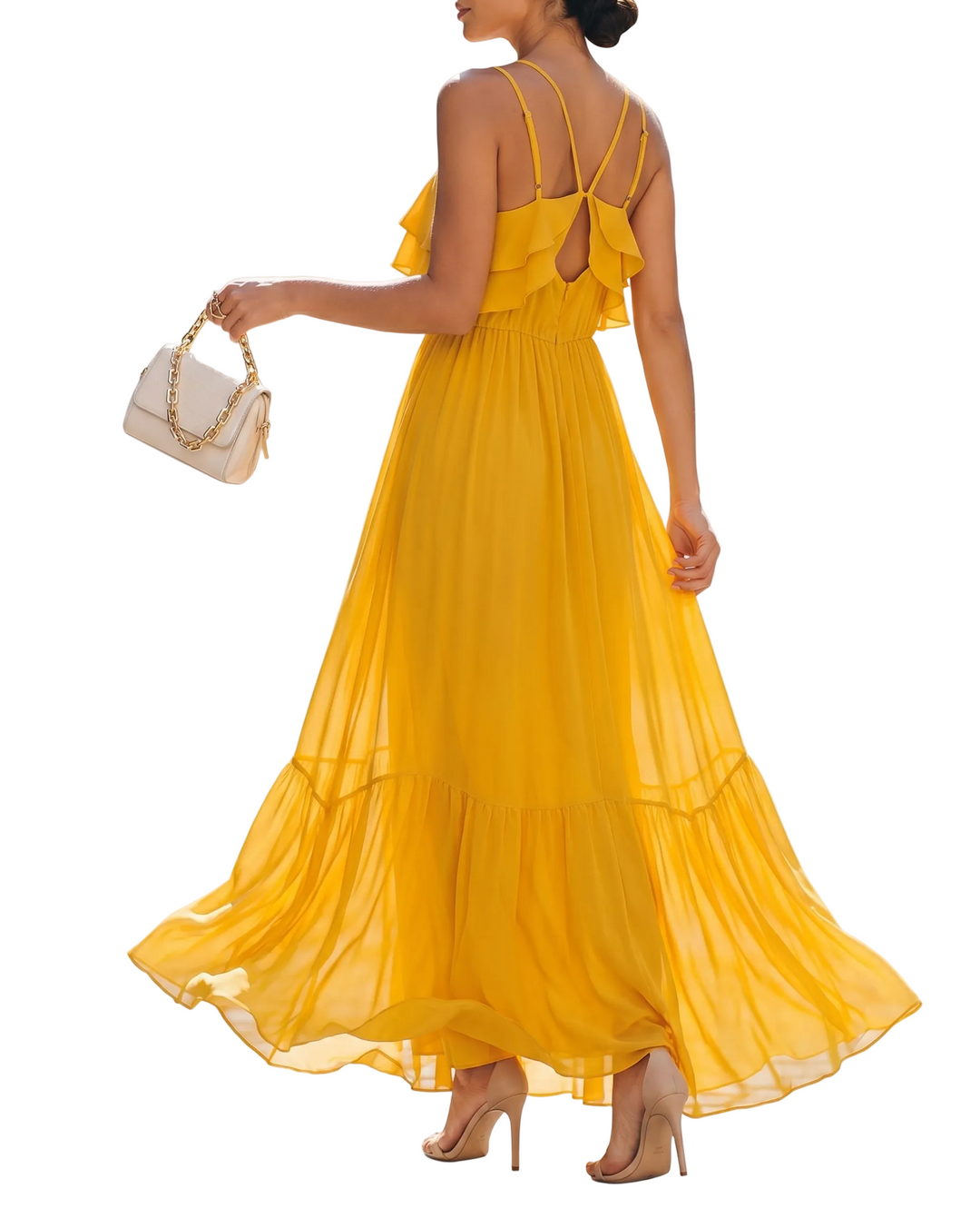Women's Chiffon Plain Spaghetti Strap V Neck Double Ruffle Tier Bodice Elasticated Waist Full Skirt Gathered Ruffle Hem Maxi Dress