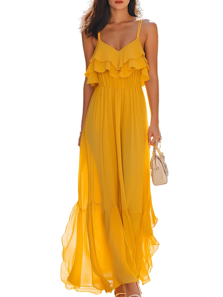 Women's Chiffon Plain Spaghetti Strap V Neck Double Ruffle Tier Bodice Elasticated Waist Full Skirt Gathered Ruffle Hem Maxi Dress